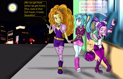 Size: 5102x3295 | Tagged: safe, artist:oztoatl, imported from derpibooru, adagio dazzle, aria blaze, sonata dusk, human, werewolf, comic:the dazzling moonlight, equestria girls, absurd resolution, comic, dialogue, female, full moon, moon, night, outdoors, speech bubble, the dazzlings, transformation, trio, walking