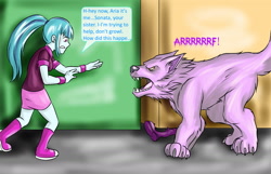 Size: 2009x1297 | Tagged: safe, artist:oztoatl, imported from derpibooru, aria blaze, sonata dusk, human, werewolf, comic:the dazzling moonlight, equestria girls, comic, duo, female, growling, scared, speech bubble, transformed