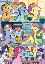 Size: 2482x3509 | Tagged: safe, artist:alexdti, imported from derpibooru, applejack, bow hothoof, fluttershy, pinkie pie, rainbow dash, rarity, twilight sparkle, windy whistles, alicorn, earth pony, pegasus, pony, unicorn, comic:how we met, applejack's hat, comic, cowboy hat, crying, dialogue, donut, eyes closed, faic, father and child, father and daughter, female, filly, filly fluttershy, filly rainbow dash, floppy ears, foal, folded wings, food, hat, horn, male, mane six, mare, mother and child, mother and daughter, open mouth, speech bubble, stallion, talking, twilight sparkle (alicorn), wings, younger