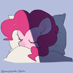 Size: 4096x4096 | Tagged: safe, artist:metaruscarlet, imported from derpibooru, pinkie pie, earth pony, pony, blanket, blue background, eyes closed, pillow, simple background, sleeping, solo