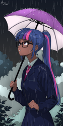 Size: 1024x2048 | Tagged: safe, artist:artesswren, imported from derpibooru, sci-twi, twilight sparkle, human, clothes, cloud, cloudy, crystal prep academy uniform, dark skin, glasses, looking up, rain, school uniform, signature, umbrella