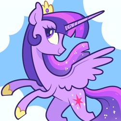 Size: 2048x2048 | Tagged: safe, artist:pilesofmiless, imported from derpibooru, twilight sparkle, alicorn, pony, cloud, female, looking sideways, purple coat, purple eyes, purple mane, sky background, smiling, solo, solo female, twilight sparkle (alicorn)