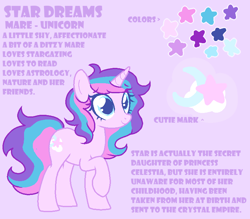 Size: 800x700 | Tagged: safe, artist:anonymares, imported from derpibooru, star dreams, pony, unicorn, color palette, description, female, horn, mare, not an oc, parent:princess celestia, reference sheet, solo, solo female, text, toy interpretation