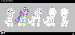 Size: 3526x1679 | Tagged: safe, imported from derpibooru, earth pony, pony, leak, clothes, concave belly, concept art, ear piercing, earring, female, g5, hasbro is trying to murder us, jewelry, leg warmers, lil critter workshop, limited palette, long legs, looking at you, mare, music notes, my little pony: tell your tale, necklace, odessa evensong, official, piercing, reference sheet, slender, smiling, smiling at you, tall, the petal gala, thin, turnaround