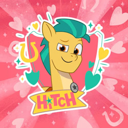 Size: 696x696 | Tagged: safe, imported from derpibooru, hitch trailblazer, earth pony, 2d, g5, heart, horseshoes, looking at you, my little pony: tell your tale, official, pink background, sheriff, simple background, smiling, smiling at you, weixin