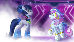 Size: 7200x4050 | Tagged: safe, artist:shad0w-galaxy, imported from derpibooru, cyborg, cyborg pony, earth pony, pony, leak, spoiler:g5, spoiler:my little pony: tell your tale, absurd resolution, angry, body markings, clothes, concave belly, duo, duo female, ear piercing, earring, eyeshadow, female, fog, future, futuristic, g5, height difference, i can't believe it's not hasbro studios, jewelry, leg warmers, long legs, makeup, mare, music notes, my little pony: tell your tale, necklace, odessa evensong, open mouth, piercing, raised hoof, scared, show accurate, slender, stage, style emulation, tall, teaser, the petal gala, thin, zinnea