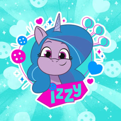 Size: 696x696 | Tagged: safe, imported from derpibooru, izzy moonbow, unicorn, blue background, button, cute, g5, heart, horn, izzybetes, looking at you, my little pony: tell your tale, official, simple background, smiling, smiling at you, sparkles, weixin