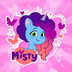 Size: 696x696 | Tagged: safe, imported from derpibooru, butterfly, unicorn, 2d, cute, g5, horn, looking at you, misty brightdawn, mistybetes, my little pony: tell your tale, official, pink background, simple background, smiling, smiling at you, sparkles, weixin