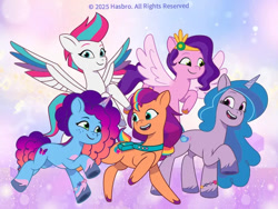 Size: 750x564 | Tagged: safe, imported from derpibooru, hitch trailblazer, izzy moonbow, pipp petals, sunny starscout, zipp storm, earth pony, pegasus, unicorn, applejack (g5), fluttershy (g5), flying, g5, horn, looking at each other, looking at someone, looking at you, mane five, mane six (g5), misty brightdawn, my little pony: tell your tale, official, pinkie pie (g5), rainbow dash (g5), raised hoof, rarity (g5), running, smiling, smiling at each other, smiling at you, twilight sparkle (g5), weixin