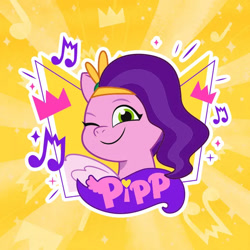 Size: 696x696 | Tagged: safe, imported from derpibooru, pipp petals, pegasus, pony, 2d, crown, g5, jewelry, looking at you, music notes, my little pony: tell your tale, official, one eye closed, regalia, simple background, smiling, smiling at you, sparkles, weixin, wink, winking at you, yellow background