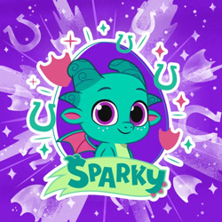 Size: 696x696 | Tagged: safe, imported from derpibooru, dragon, 2d, baby, baby dragon, g5, horseshoes, looking at you, my little pony: tell your tale, official, shield, smiling, smiling at you, sparkles, sparky sparkeroni, violet background, weixin