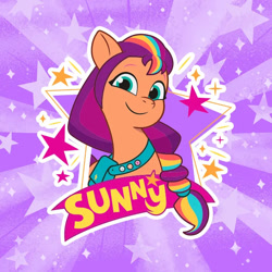 Size: 696x696 | Tagged: safe, imported from derpibooru, sunny starscout, earth pony, pony, 2d, g5, looking at you, mane stripe sunny, multicolored hair, my little pony: tell your tale, official, rainbow hair, smiling, smiling at you, sparkles, stars, violet background, weixin