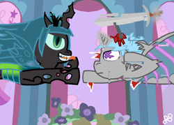 Size: 2450x1750 | Tagged: safe, imported from derpibooru, queen chrysalis, oc, bat pony, changeling, changeling queen, unicorn, a canterlot wedding, bow, error, female, fight, glitch, hair bow, horn, magic, messy mane, my little pony, ponysona, ribbon, sword, weapon