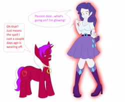 Size: 3591x2951 | Tagged: safe, artist:tfsubmissions, imported from derpibooru, part of a set, rarity, oc, oc:burning passion, human, pony, unicorn, equestria girls, canon x oc, dialogue, female, high res, horn, human to pony, magic, male, shipping, simple background, speech bubble, stallion, straight, transformation, transformation sequence, white background