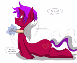 Size: 4762x3858 | Tagged: safe, artist:tfsubmissions, imported from derpibooru, part of a set, oc, oc:burning passion, pony, unicorn, absurd resolution, canon x oc, dialogue, dragging, horn, human to pony, imminent sex, implied rarity, magic, male, offscreen character, shipping, simple background, speech bubble, stallion, telekinesis, transformation, transformation sequence, white background