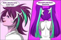 Size: 2590x1700 | Tagged: safe, artist:tfsubmissions, imported from derpibooru, part of a set, aria blaze, human, equestria girls, hair, high res, solo, speech bubble, transformation, transformation sequence, transgender transformation