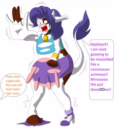 Size: 5000x5388 | Tagged: safe, artist:tfsubmissions, imported from derpibooru, rarity, cow, equestria girls, absurd resolution, armpits, bell, clothes, cowbell, cowified, dialogue, implied applejack, offscreen character, raricow, ripping clothes, scared, simple background, species swap, speech bubble, speech change, transformation, udder, unwilling transformation, white background