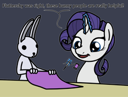 Size: 2048x1554 | Tagged: safe, artist:ewoudcponies, imported from derpibooru, rarity, pony, rabbit, animal, dialogue, duo, fabric, female, glowing, glowing horn, horn, levitation, magic, mare, open mouth, open smile, outline, sewing needle, smiling, spool, telekinesis, thread, white outline