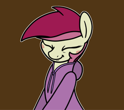 Size: 2048x1815 | Tagged: safe, artist:ewoudcponies, imported from derpibooru, roseluck, pony, unicorn, blush sticker, blushing, brown background, bust, clothes, eyes closed, female, hoodie, horn, mare, outline, simple background, smiling, solo, white outline