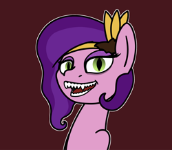 Size: 2048x1774 | Tagged: safe, artist:ewoudcponies, imported from derpibooru, pipp petals, pegasus, pony, bust, clothes, costume, creepy, creepy smile, fake teeth, female, g5, lidded eyes, looking at you, mare, outline, red background, sharp teeth, simple background, slit pupils, smiling, smiling at you, solo, teeth, white outline