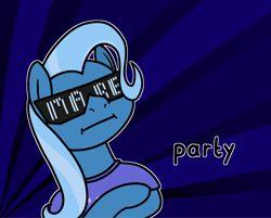 Size: 2048x1644 | Tagged: safe, artist:ewoudcponies, imported from derpibooru, trixie, pony, unicorn, :i, bust, clothes, crossed hooves, female, horn, mare, missing horn, outline, shirt, solo, sunburst background, sunglasses, text, white outline