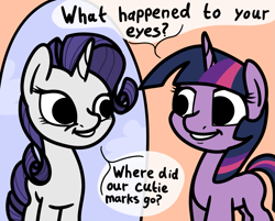 Size: 1709x1371 | Tagged: safe, artist:ewoudcponies, imported from derpibooru, rarity, twilight sparkle, pony, unicorn, dialogue, duo, duo female, female, grin, horn, mare, missing cutie mark, no iris, smiling, speech bubble, unicorn twilight