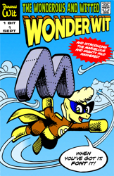 Size: 550x850 | Tagged: safe, artist:mod wit, imported from derpibooru, oc, oc:bananas wit, askbananaswit, boots, cape, carrying, clothes, cloud, comic book, comic book cover, comic cover, cover, cover art, flying, font, gloves, heavy, hero, hoof hold, looking at you, m, mask, seal of approval, shoes, sky, speech bubble, steel, super strength, superhero, superhero costume