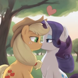 Size: 1024x1024 | Tagged: safe, imported from twibooru, applejack, rarity, earth pony, pony, unicorn, ai generated, duo, female, generator:civitai, hat, horn, image, kissing, lesbian, needs more jpeg, prompter:funnygamer95, rarijack, shipping