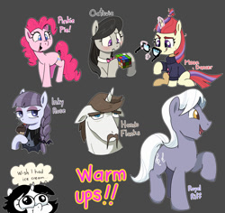 Size: 1486x1400 | Tagged: safe, artist:talimingi, imported from derpibooru, hondo flanks, inky rose, moondancer, octavia melody, pinkie pie, royal riff, oc, oc:talim, earth pony, pegasus, pony, unicorn, blushing, colored pupils, dexterous hooves, female, floppy ears, food, frown, glasses, glasses off, glowing, glowing horn, gray background, hoof hold, horn, ice cream, ice cream cone, levitation, magic, male, mare, name, open mouth, open smile, outline, rubik's cube, simple background, smiling, stallion, standing on two hooves, tape, taped glasses, telekinesis, thought bubble, white outline