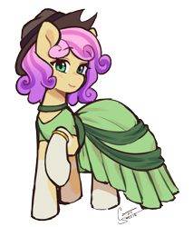 Size: 1781x2086 | Tagged: safe, artist:cottonsweets, imported from derpibooru, oc, oc only, oc:quickdraw, blushing, clothes, coat markings, commissioner:dhs, cowboy hat, curly mane, dress, eyeshadow, freckles, frilly dress, hat, hoof ring, lipstick, looking at you, makeup, one leg raised, simple background, smiling, socks (coat markings), solo, standing, transparent background