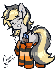 Size: 1645x2119 | Tagged: safe, alternate version, artist:cottonsweets, imported from derpibooru, oc, oc only, oc:totalspark, unicorn, belt, big smile, blushing, clothes, commissioner:dhs, cute, earbuds, eyes closed, horn, looking at you, looking back, looking back at you, music player, one leg raised, shy, simple background, smiling, socks, solo, standing, stockings, striped socks, thigh highs, transparent background