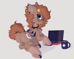 Size: 1924x1550 | Tagged: safe, artist:little-sketches, oc, oc only, bat pony, pony, bat pony oc, bat wings, blaze (coat marking), brown coat, brown mane, brown tail, butt fluff, chest fluff, choker, computer, ear fluff, ear piercing, ethereal mane, eye clipping through hair, eyebrows visible through hair, fangs, female, folded wings, glasses, gray background, hoof polish, jewelry, laptop computer, leg fluff, looking at you, looking back, looking back at you, lying down, mare, mug, piercing, rear view, ring, simple background, smiling at you, snaggletooth, socks (coat markings), solo, starry mane, stars, tail, tail aside, tail ring, two toned mane, two toned tail, underhoof, wings