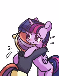 Size: 2480x3235 | Tagged: safe, artist:izuchi, imported from derpibooru, moondancer, twilight sparkle, alicorn, pony, unicorn, crying, duo, duo female, female, horn, hug, mare, simple background, twilight sparkle (alicorn), white background