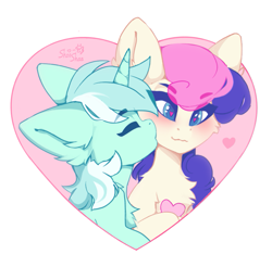 Size: 977x962 | Tagged: safe, artist:shooshaa, imported from derpibooru, bon bon, lyra heartstrings, sweetie drops, earth pony, pony, unicorn, adorabon, blushing, cheek kiss, chest fluff, cute, duo, duo female, female, floating heart, heart, heart eyes, horn, kissing, lesbian, lyrabetes, lyrabon, mare, shipping, wingding eyes