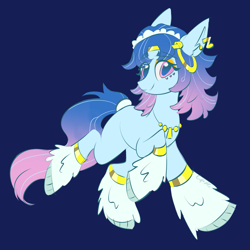 Size: 1943x1943 | Tagged: safe, artist:cupute, imported from derpibooru, cyborg, cyborg pony, earth pony, pony, leak, big ears, blue background, clothes, colored, colored background, cute, facial markings, female, g5, galloping, grin, headpiece, jewelry, leg warmers, looking at you, mare, music notes, my little pony: tell your tale, necklace, odessa evensong, odessabetes, raised hoof, running, simple background, smiling, solo, the petal gala, trotting, trotting in place