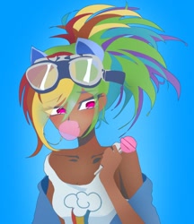 Size: 1280x1480 | Tagged: safe, artist:pulse, imported from derpibooru, kotobukiya, rainbow dash, human, blowing bubblegum, bubblegum, candy, female, food, goggles, gum, humanized, kotobukiya rainbow dash, lollipop, magenta eyes, multicolored hair, pony ears, rainbow hair, shoulders, simple background, solo, solo female, tanned