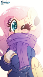 Size: 1500x2667 | Tagged: safe, artist:fluffyxai, imported from derpibooru, fluttershy, pegasus, pony, blush lines, blushing, clothes, coat, cute, earmuffs, hoof heart, looking at you, one eye closed, open mouth, open smile, scarf, shyabetes, smiling, snow, snowball, solo, sweater, underhoof, wink, winter coat