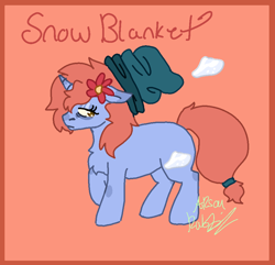 Size: 940x906 | Tagged: safe, artist:arsonrabbit, imported from derpibooru, oc, oc only, oc:snow blanket, pony, unicorn, abstract background, beanie, blue coat, brown eyes, digital art, female, flower, flower in hair, hat, horn, looking back, mare, orange hair, orange mane, orange tail, passepartout, raised hoof, signature, solo, tail, tied tail, unicorn oc