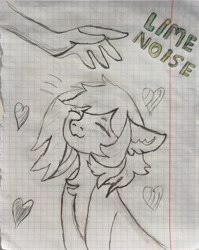 Size: 1942x2436 | Tagged: safe, artist:yellow-glaze, imported from derpibooru, oc, oc:lime noise, human, pony, behaving like a cat, cheek fluff, chest fluff, cute, ear fluff, eyes closed, female, floppy ears, fluffy, graph paper, hand, head pat, heart, offscreen character, offscreen human, pat, pet, sitting, smiling, solo, traditional art