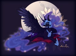 Size: 991x727 | Tagged: safe, artist:martazap3, imported from derpibooru, nightmare moon, alicorn, pony, female, horn, looking at you, mare, moon, pillow, princess, smiling, smiling at you, solo, wings