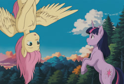 Size: 2048x1392 | Tagged: safe, imported from twibooru, fluttershy, twilight sparkle, alicorn, pegasus, pony, unicorn, ai content, ai generated, anime style, anonymous prompter, cloud, cutie mark, day, duo, generator:stable diffusion, hooves, horn, image, looking at each other, needs more jpeg, outdoors, rearing, side view, sky, tree, upside down, wings