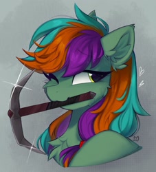 Size: 1632x1801 | Tagged: safe, artist:lerk, imported from derpibooru, oc, oc only, pony, bust, green coat, looking sideways, mouth hold, multicolored mane, one eye closed, pickaxe, solo, yellow eyes