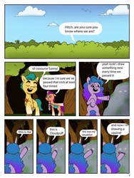 Size: 768x1024 | Tagged: safe, artist:starburstuwu, imported from derpibooru, hitch trailblazer, izzy moonbow, sunny starscout, earth pony, pony, unicorn, comic:my little pony: tales of a new era, comic, dialogue, female, forest, g5, horn, lost, male, mane stripe sunny, mare, nature, outdoors, rock, stallion, tree, trio