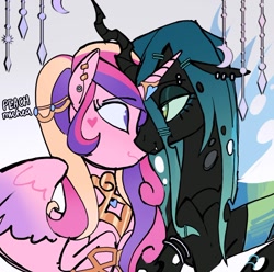 Size: 1160x1151 | Tagged: safe, artist:peachmichea, imported from derpibooru, princess cadance, queen chrysalis, alicorn, changeling, changeling queen, pony, alternate universe, cadalis, duo, duo female, ear piercing, earring, female, gradient background, infidelity, jewelry, lesbian, looking at each other, looking at someone, mare, piercing, shipping, signature, smiling, smiling at each other