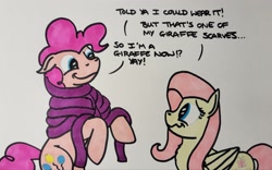 Size: 2048x1281 | Tagged: safe, artist:hoofclid, imported from derpibooru, fluttershy, pinkie pie, earth pony, pegasus, pony, clothes, dialogue, duo, duo female, female, floppy ears, mare, marker drawing, rearing, scarf, smiling, traditional art, wavy mouth