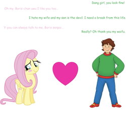 Size: 1519x1353 | Tagged: safe, artist:missbeigepony, imported from derpibooru, fluttershy, pony, blushing, caillou, comic sans, crack shipping, heart, infidelity, shipping, simple background, smiling, wat, white background