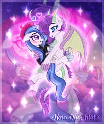 Size: 1212x1441 | Tagged: safe, artist:noreentheartist, imported from derpibooru, oc, oc only, oc:fleur de cirey, oc:vanity, dracony, dragon, hybrid, pony, unicorn, base used, beret, blushing, claws, clothes, duo, duo female, female, floating heart, floppy ears, hat, heart, heart eyes, holding each other, hoof shoes, horn, horns, interspecies offspring, lesbian, long eyelashes, looking into each others eyes, mare, oc x oc, offspring, offspring shipping, parent:fancypants, parent:fleur-de-lis, parent:rarity, parent:spike, parents:fancyfleur, parents:sparity, shipping, signature, sparkles, sweater, turtleneck, unicorn oc, wingding eyes, wings, zoom layer