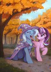 Size: 2480x3508 | Tagged: safe, artist:dorkmark, imported from derpibooru, starlight glimmer, trixie, pony, unicorn, autumn, cape, cheek fluff, chest fluff, clothes, duo, duo female, female, forest, giant hat, happy, hat, hock fluff, horn, lesbian, mare, nature, open mouth, open smile, outdoors, shipping, smiling, startrix, tree, trixie's cape, trixie's hat