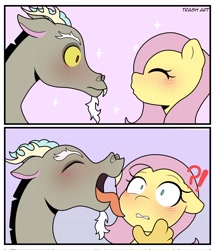 Size: 1762x2048 | Tagged: safe, artist:eltrash_art6, imported from derpibooru, discord, fluttershy, draconequus, pegasus, pony, bait and switch, blue eyes, blushing, confused, discoshy, eyes closed, face licking, female, licking, looking at each other, looking at someone, male, meme, pink mane, shipping, sparkles, straight, tongue out, yellow coat