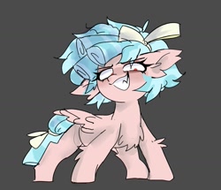 Size: 1455x1249 | Tagged: safe, artist:madiwann, imported from derpibooru, cozy glow, pegasus, pony, blue mane, chest fluff, ear fluff, female, filly, foal, gritted teeth, looking at you, looking down, looking down at you, pink coat, red eyes, ribbon, simple background, solo, teeth